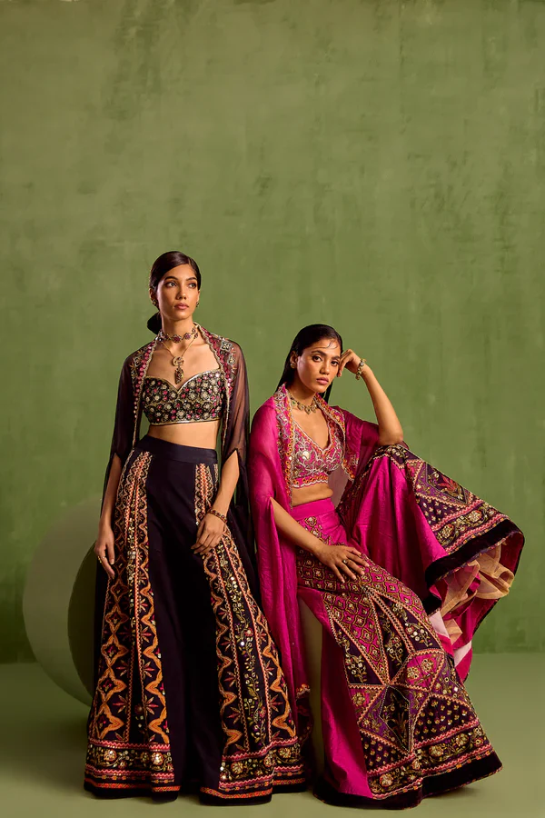 Purple Viscose Raw Silk Print Motif V Neck Hand Embroidered Blouse Sharara Set - Image 7
