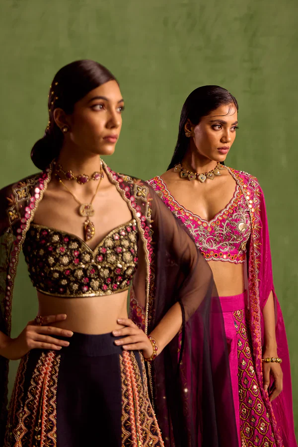 Purple Viscose Raw Silk Print Motif V Neck Hand Embroidered Blouse Sharara Set - Image 8