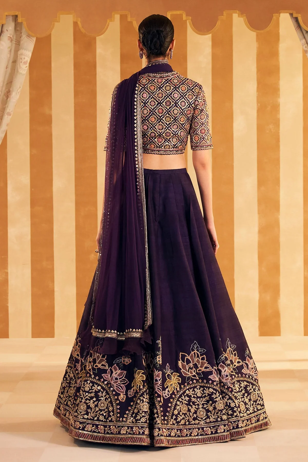 Qaruna - Purple Net Embroidered Blouse and Raw Silk Embroidered Lehenga - Image 4