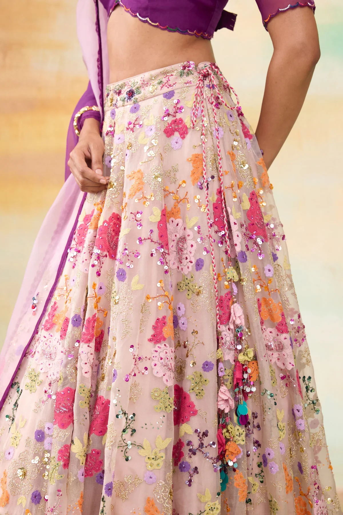 RANGEEN - Lace Flower Appliques Vibrant Rangeen Lehenga - Image 5