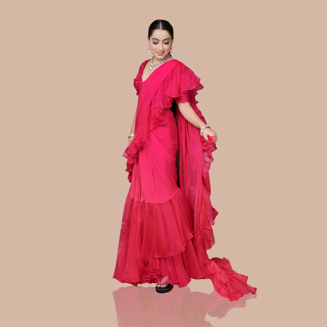 Rani Pink Drape Saree With Ruffles And Blouse - Image 3