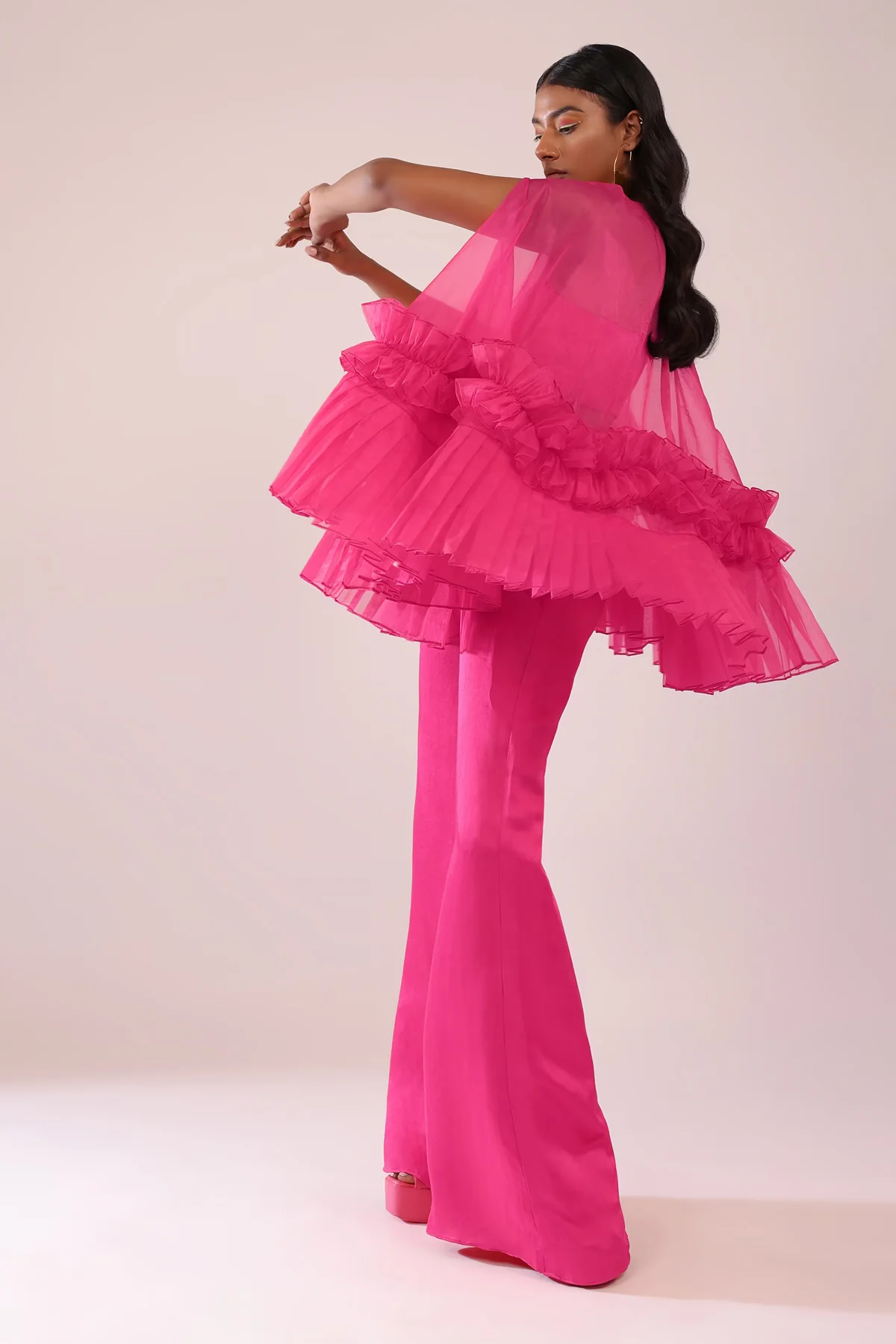 Rani Pink Indo-Western Frill Jacket & Pant Set With Bustier In Satin - Image 3