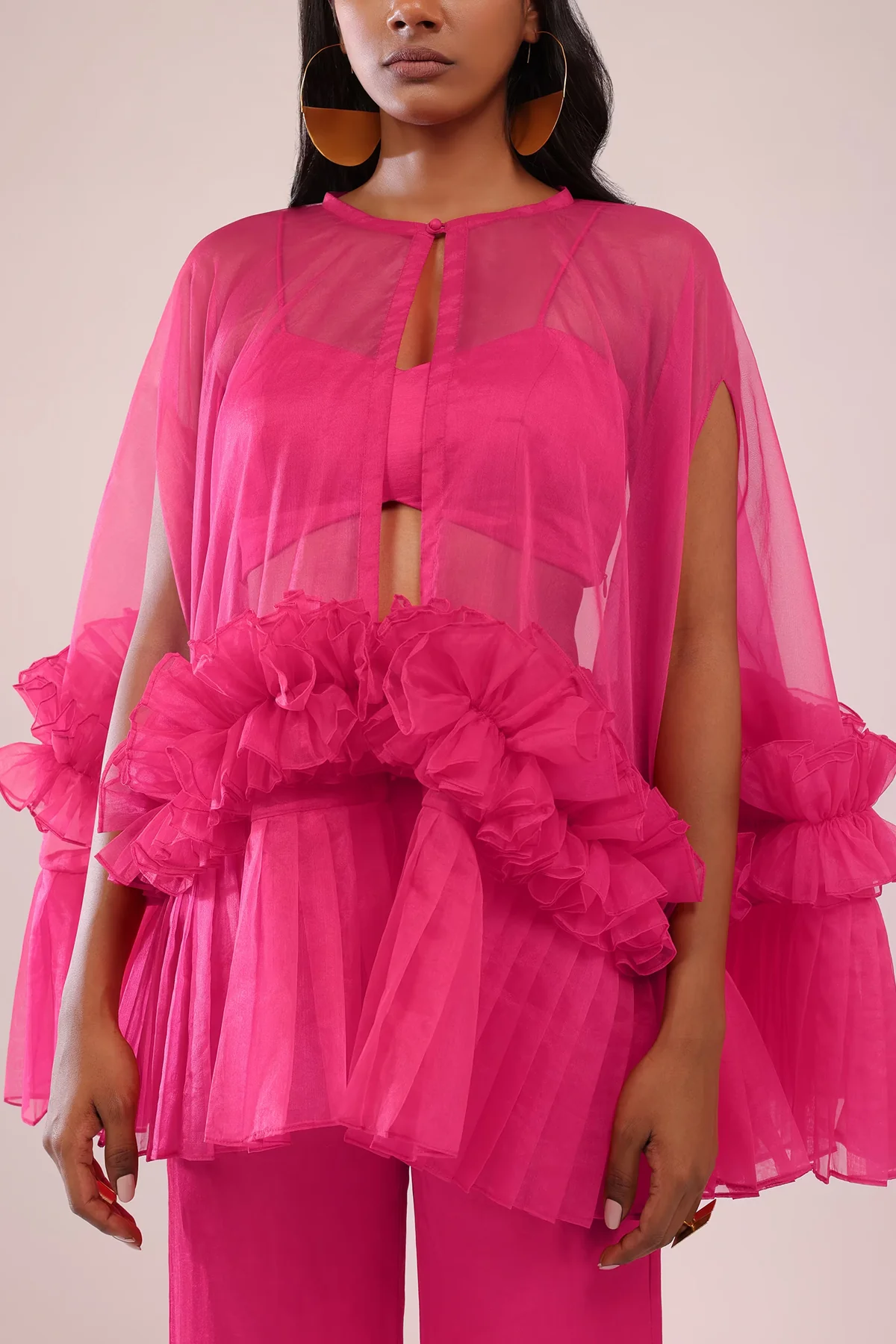 Rani Pink Indo-Western Frill Jacket & Pant Set With Bustier In Satin - Image 4