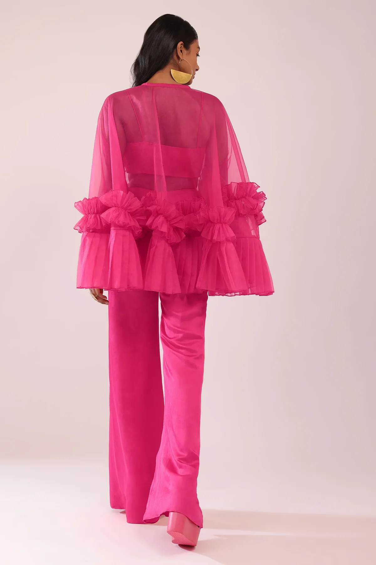 Rani Pink Indo-Western Frill Jacket & Pant Set With Bustier In Satin - Image 5