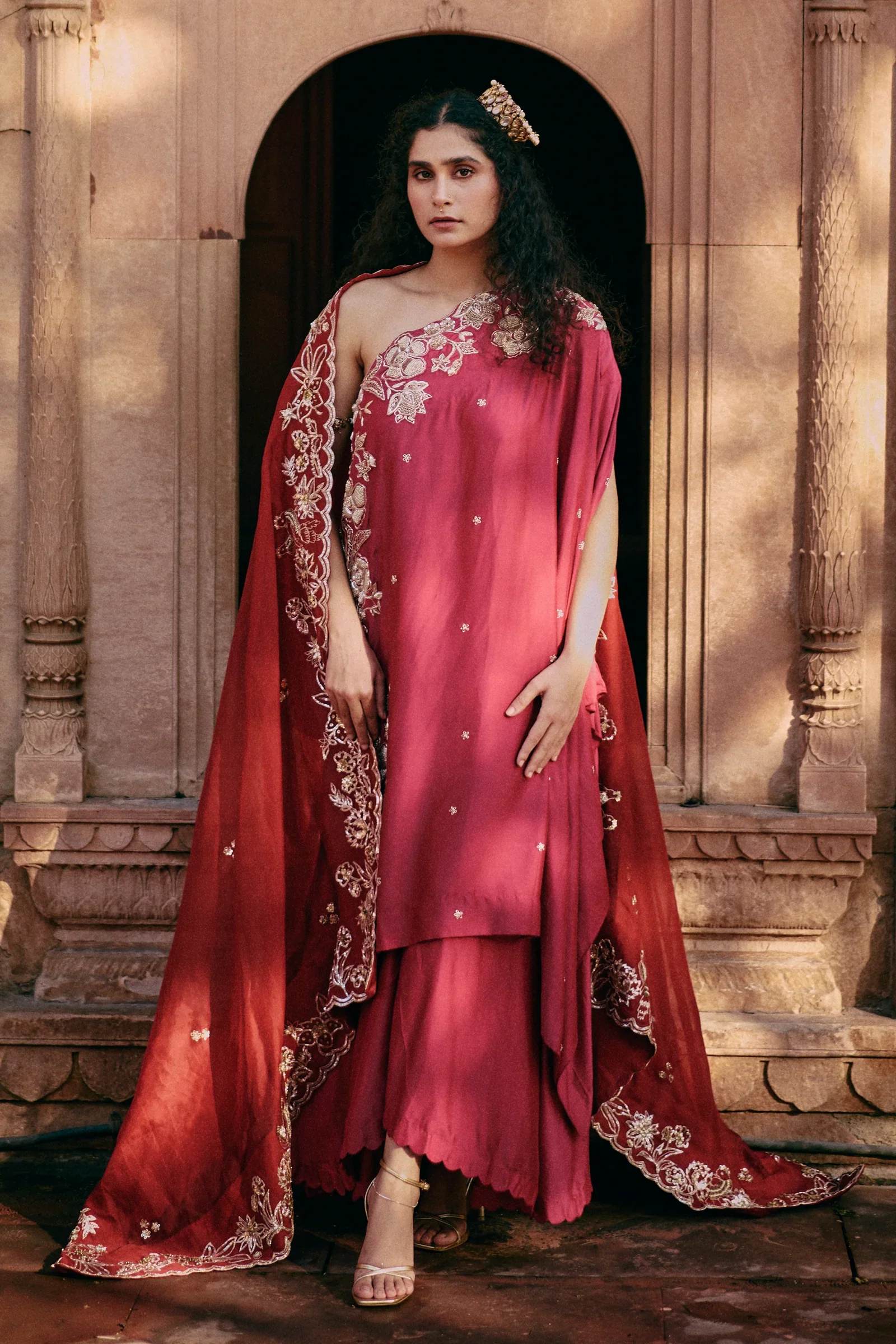 Rani Pink One Shoulder Hand Embroidered Floral Kurta Set
