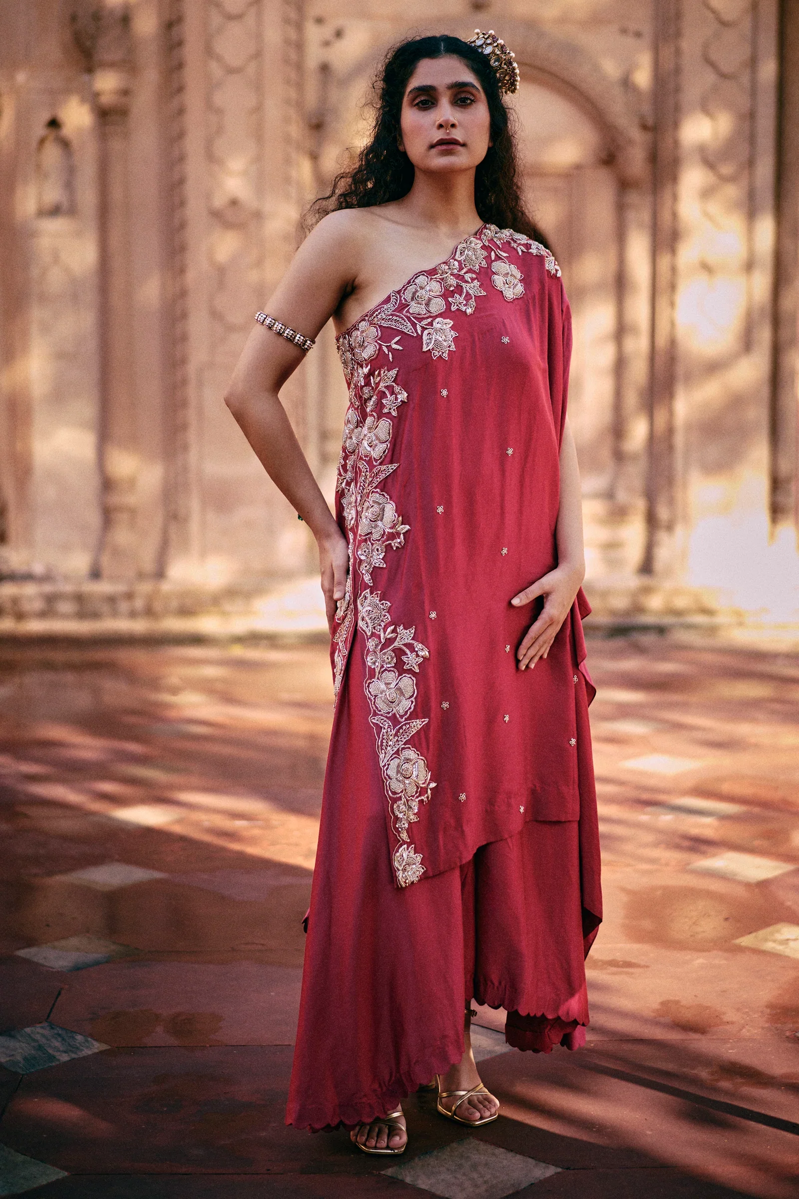 Rani Pink One Shoulder Hand Embroidered Floral Kurta Set - Image 2