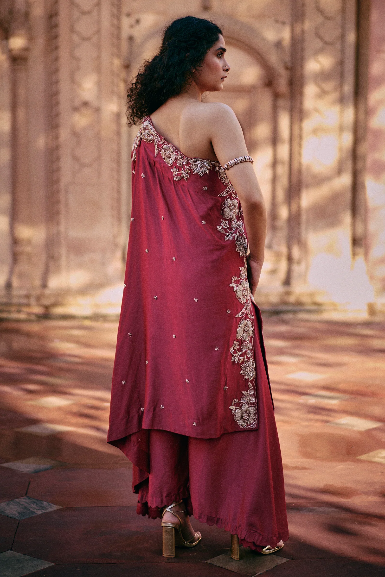 Rani Pink One Shoulder Hand Embroidered Floral Kurta Set - Image 3