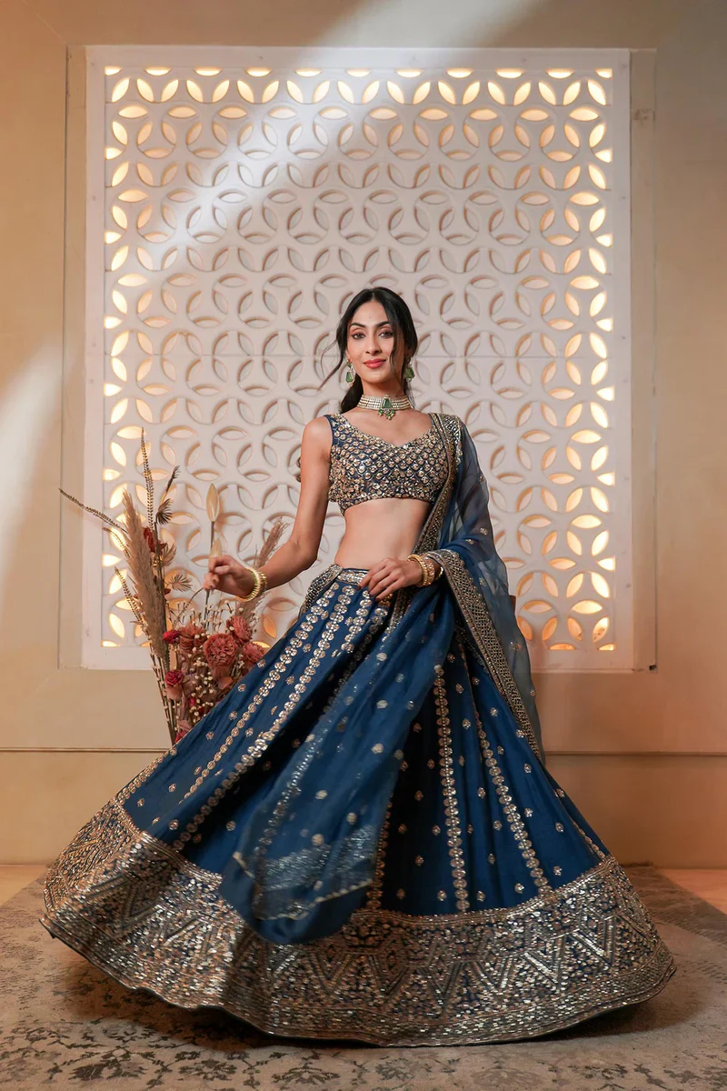 Raw Silk Embroidered Blue Lehenga Set