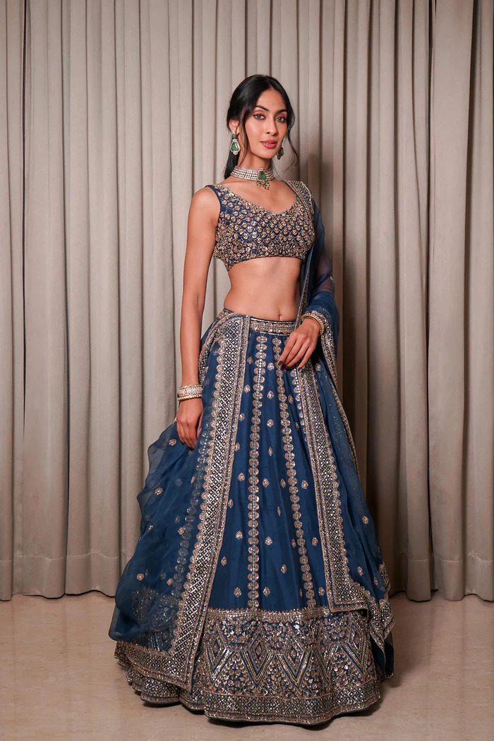 Raw Silk Embroidered Blue Lehenga Set - Image 10