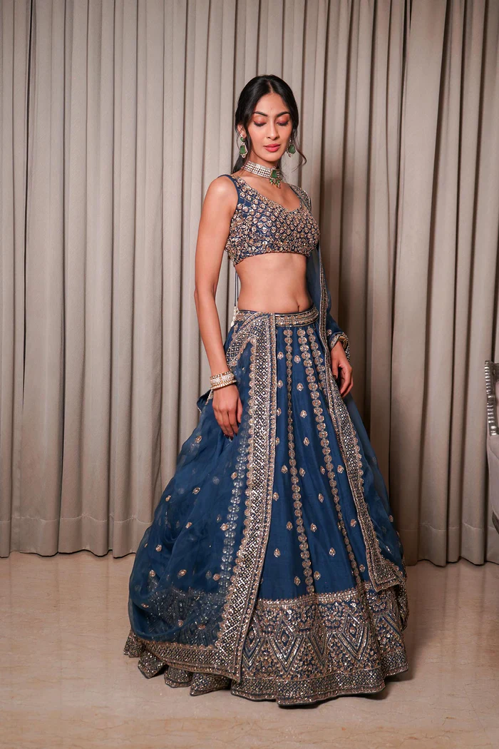 Raw Silk Embroidered Blue Lehenga Set - Image 11