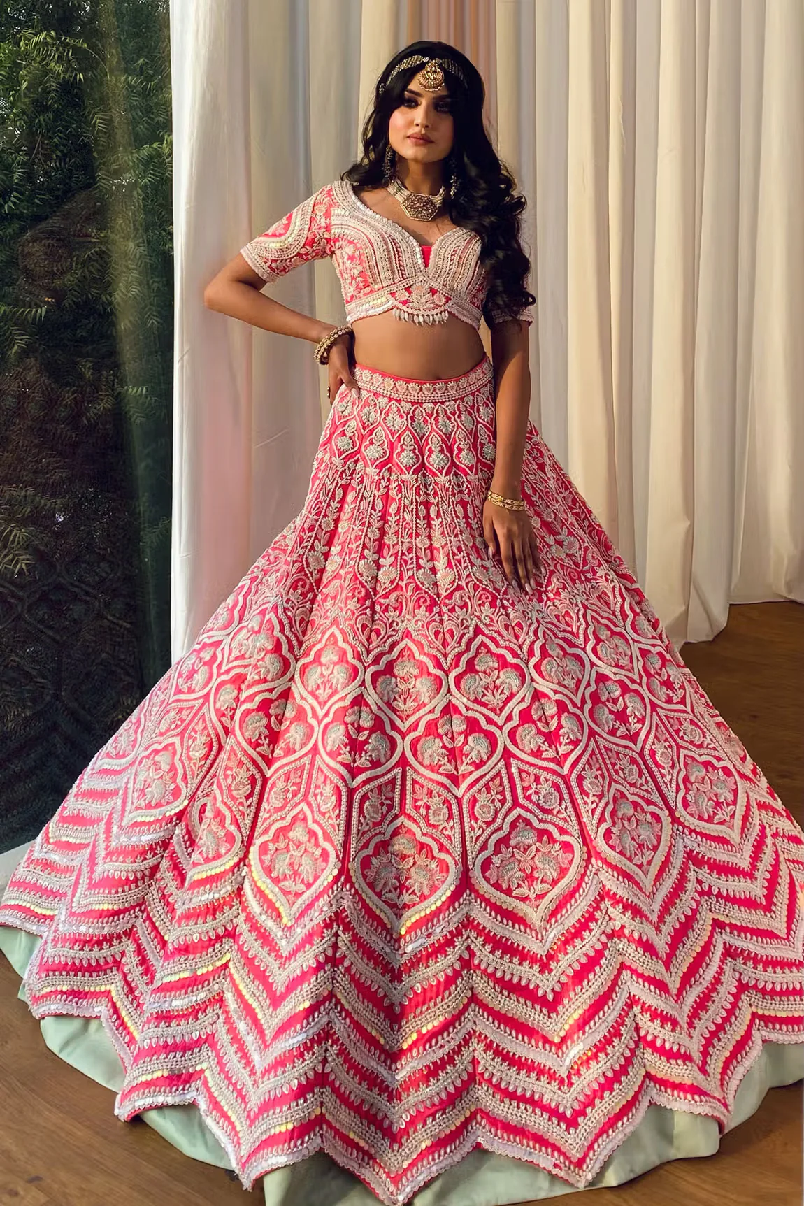 Red Embroidered Chroma Silk Lehenga Set