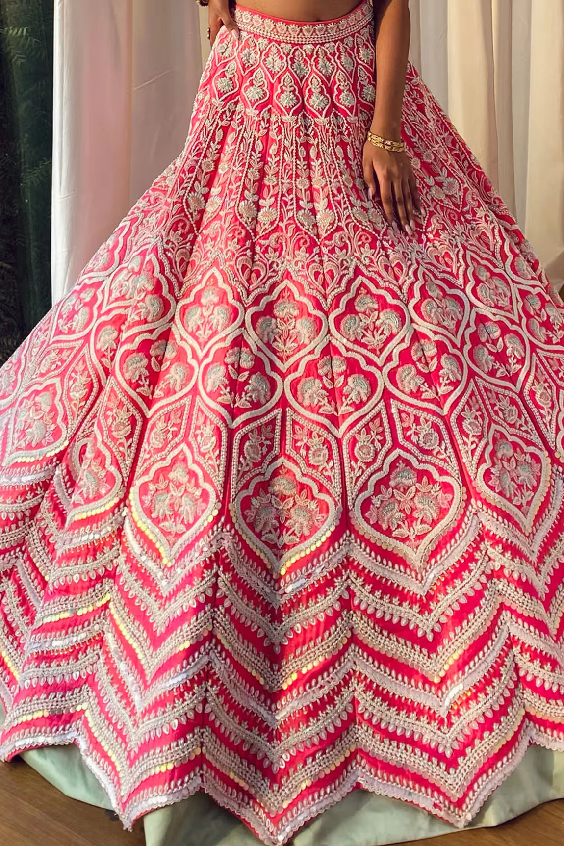 Red Embroidered Chroma Silk Lehenga Set - Image 4