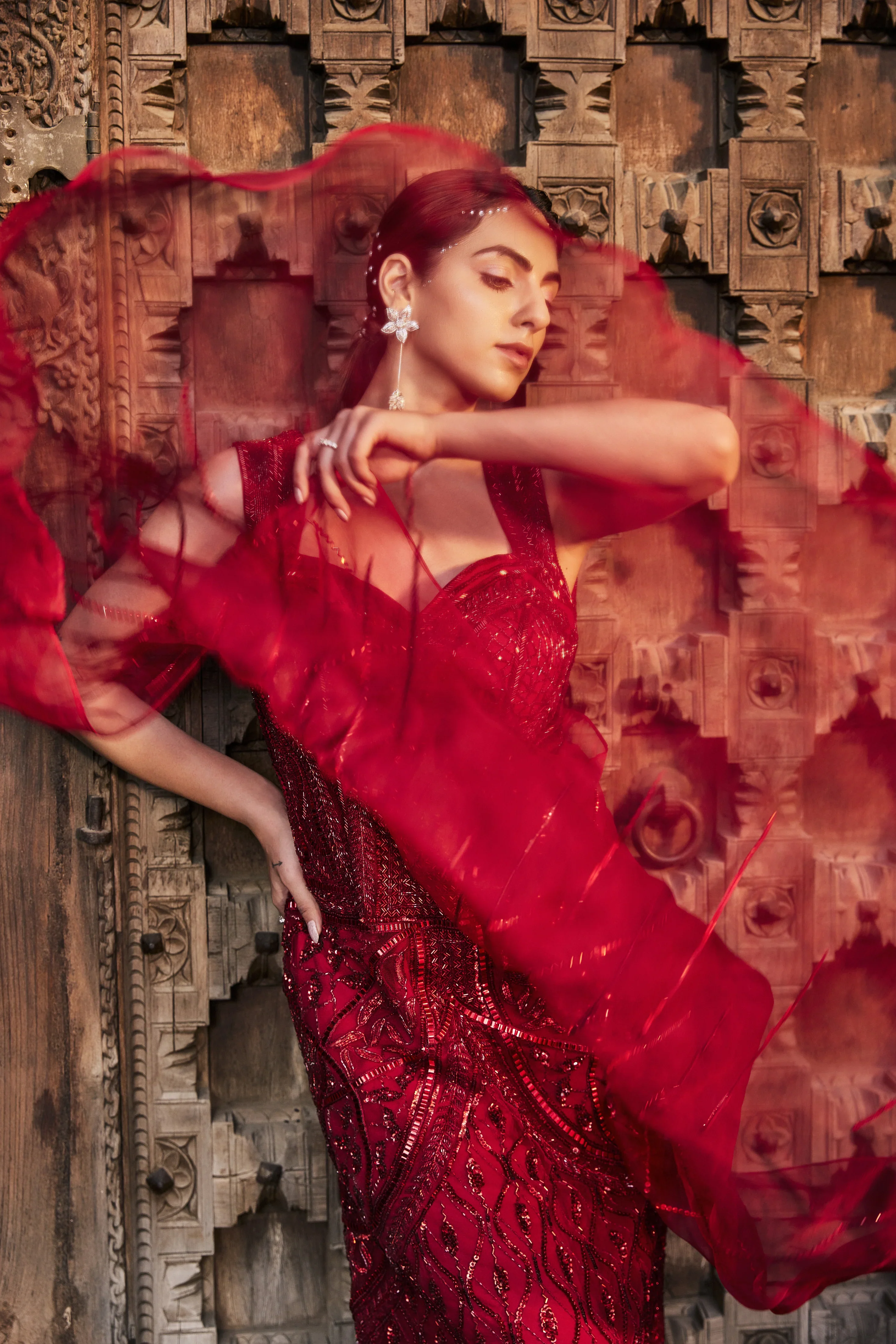 Red Embroidered Cocktail Gown - Image 2