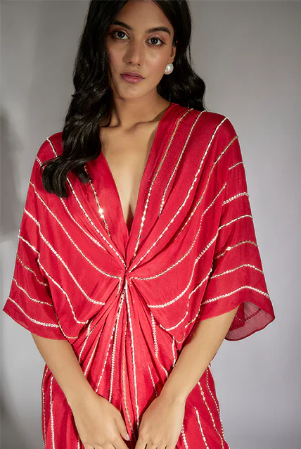 Red Embroidered Drape Dress - Image 3