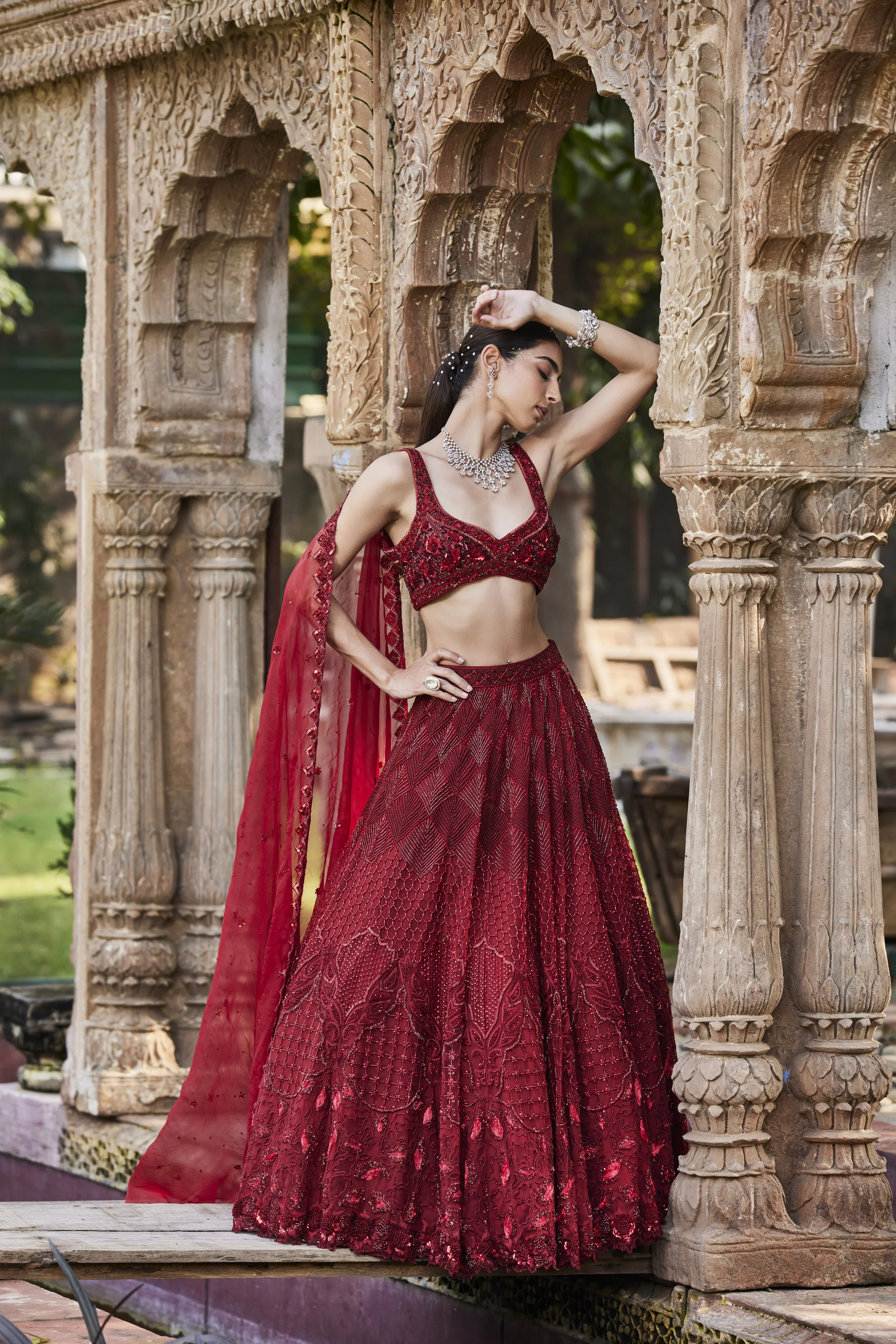 Red Embroidered Lehenga Set - Image 6