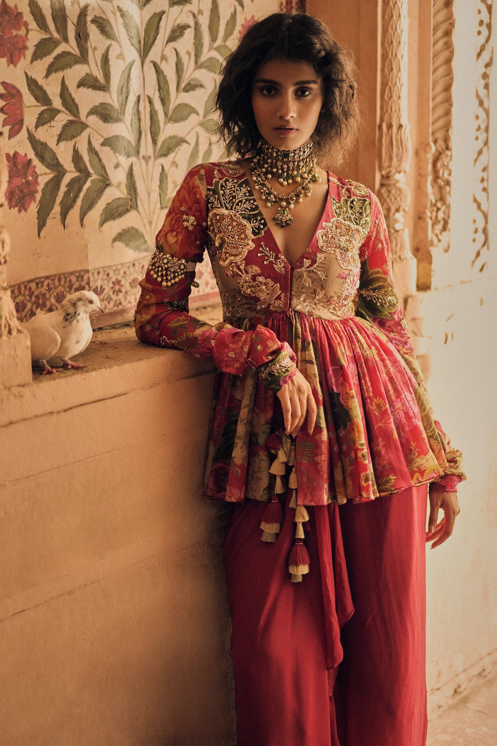 Red Floral Map Printed Peplum Set - Image 2