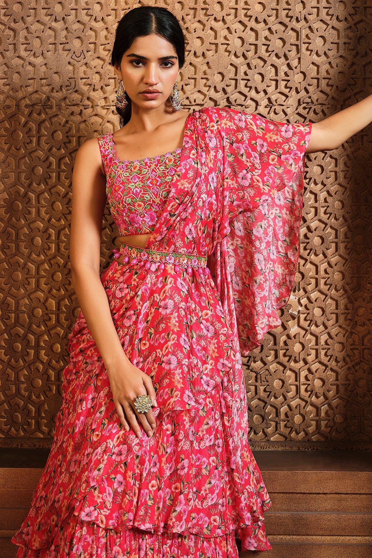 Red Floral Printed 3 Layer Frill Saree - Image 2