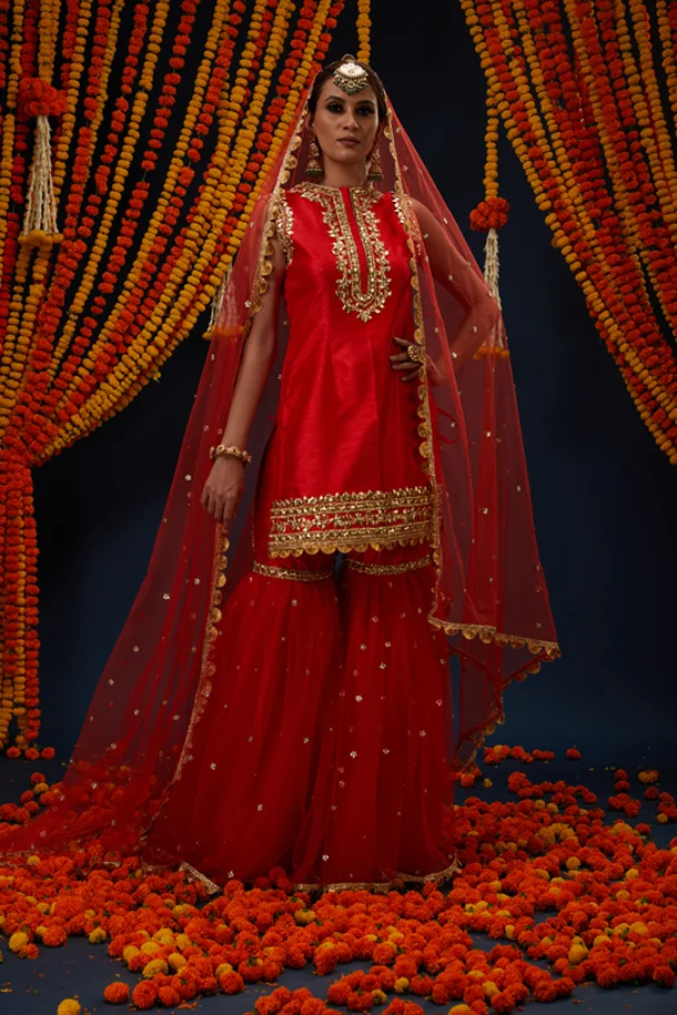 Red Gotawork Embroidered Kurta Gharara Set