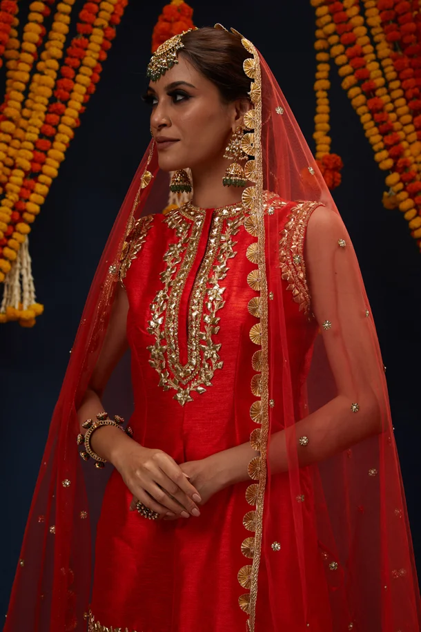 Red Gotawork Embroidered Kurta Gharara Set - Image 6