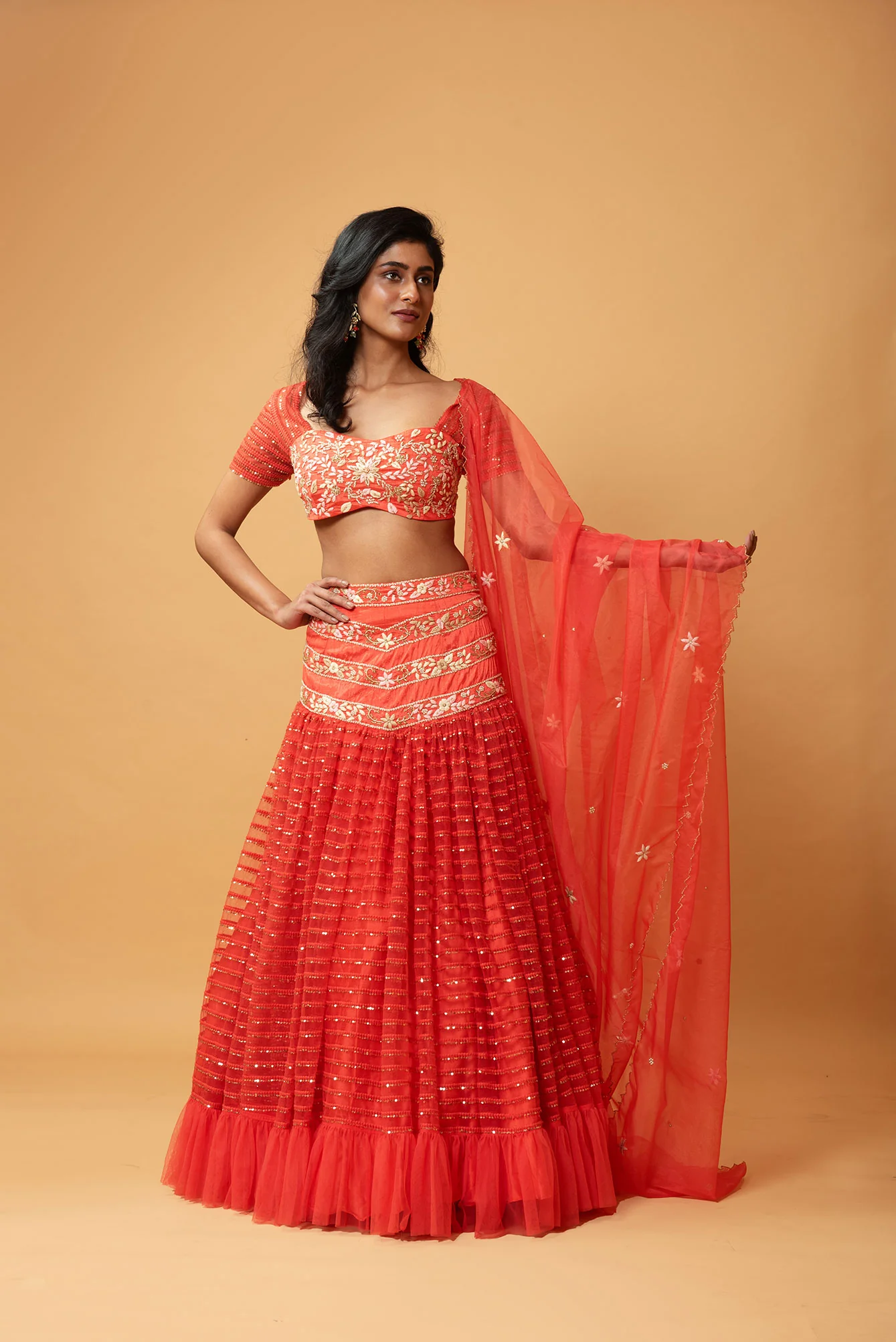 Red Hand Embroidered Ruffled Lehenga Set