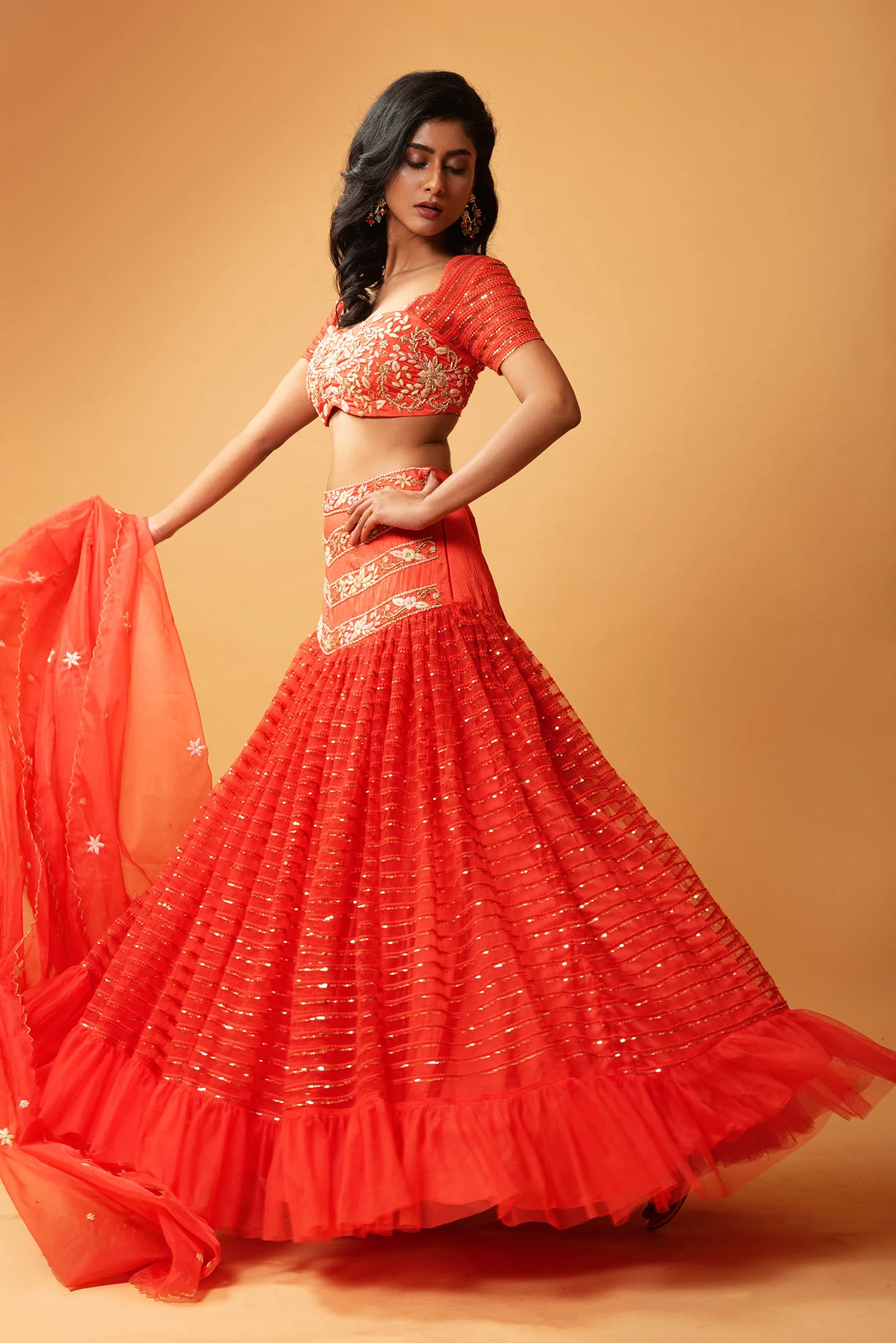Red Hand Embroidered Ruffled Lehenga Set - Image 3