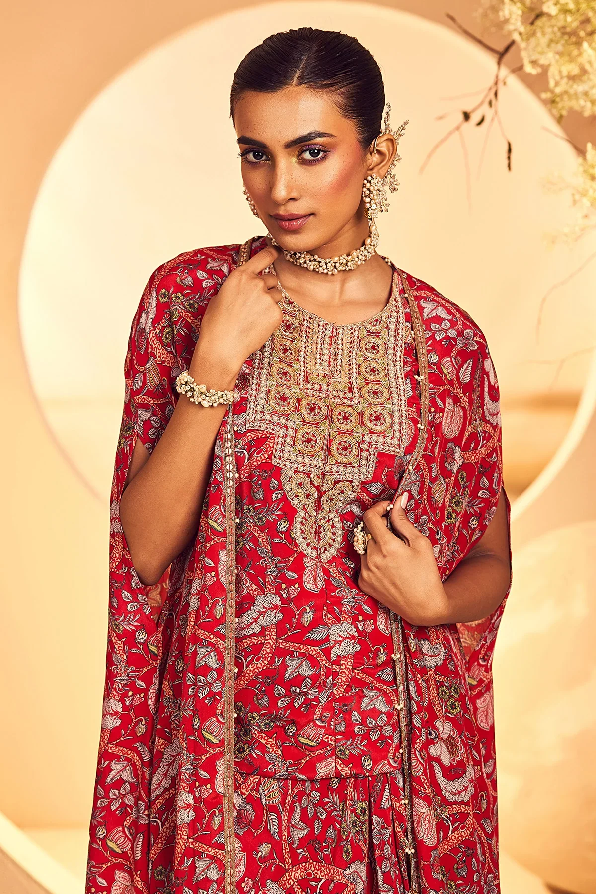 Red Kalmkari Kurta Dhoti Jacket - Image 2