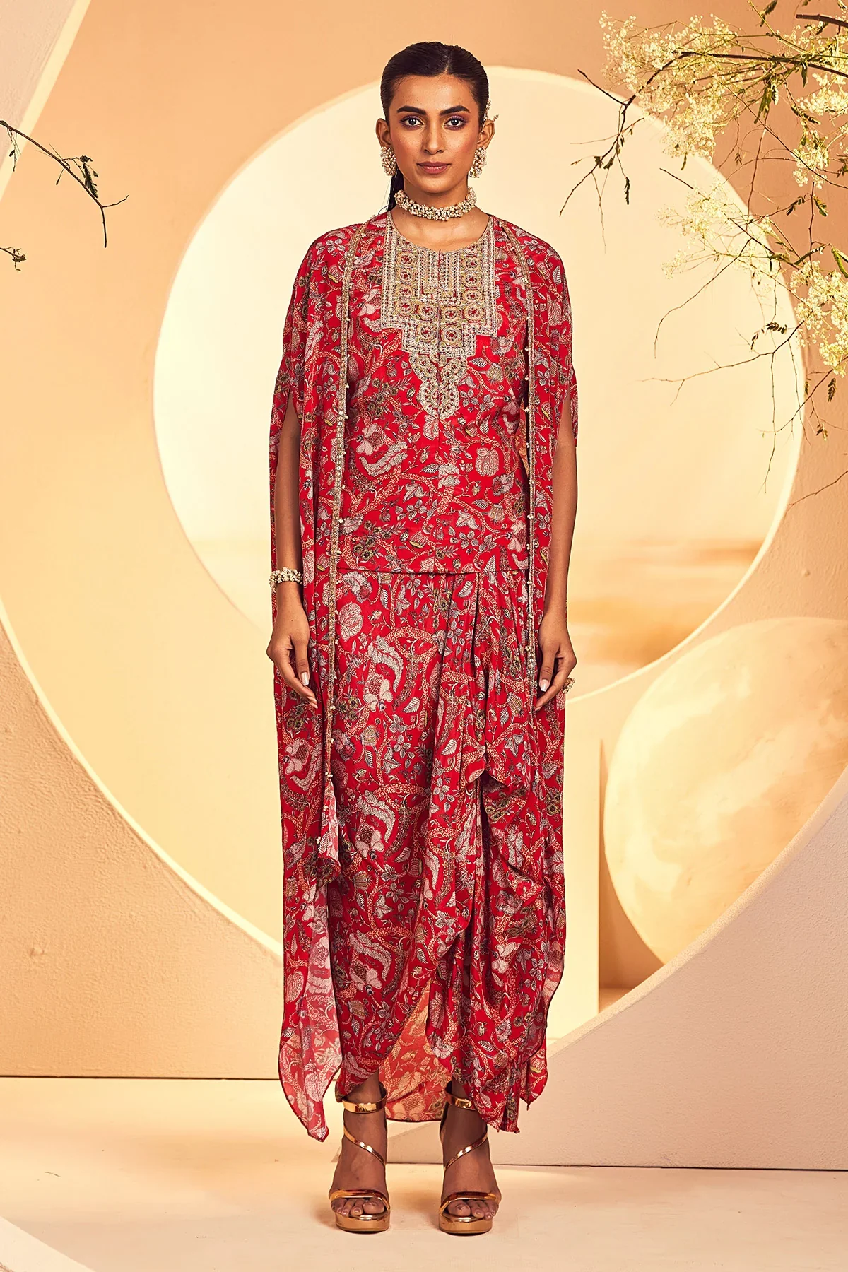 Red Kalmkari Kurta Dhoti Jacket - Image 3