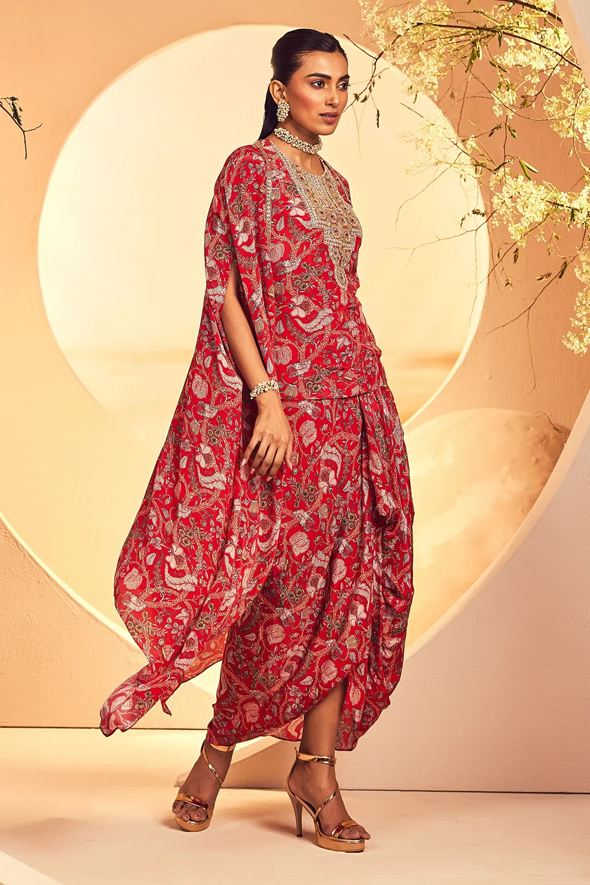 Red Kalmkari Kurta Dhoti Jacket - Image 4