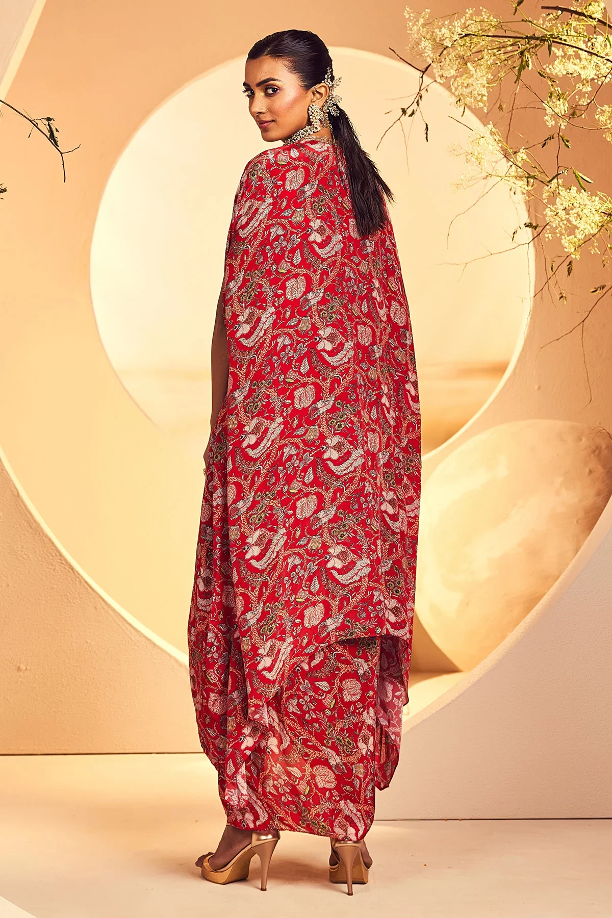Red Kalmkari Kurta Dhoti Jacket - Image 5
