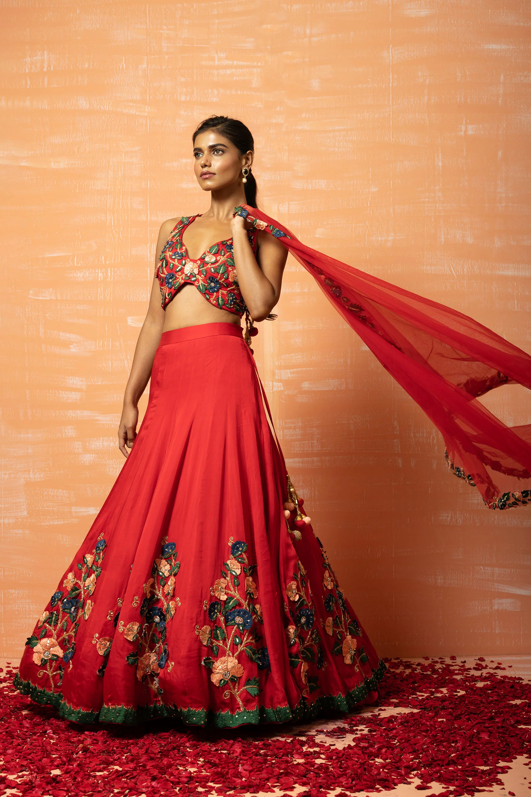 Red Modal Silk Embroidered Lehenga Set