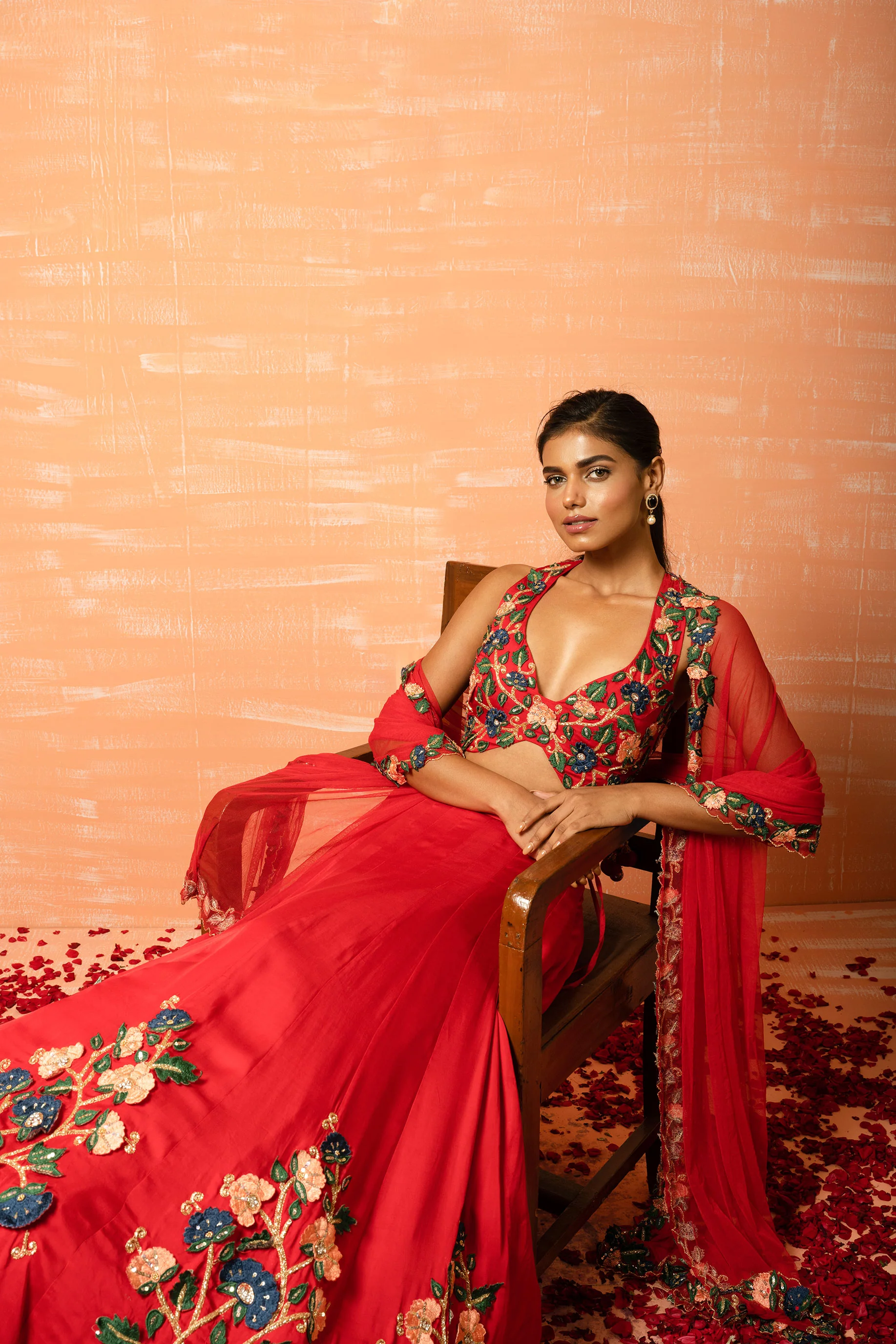 Red Modal Silk Embroidered Lehenga Set - Image 3