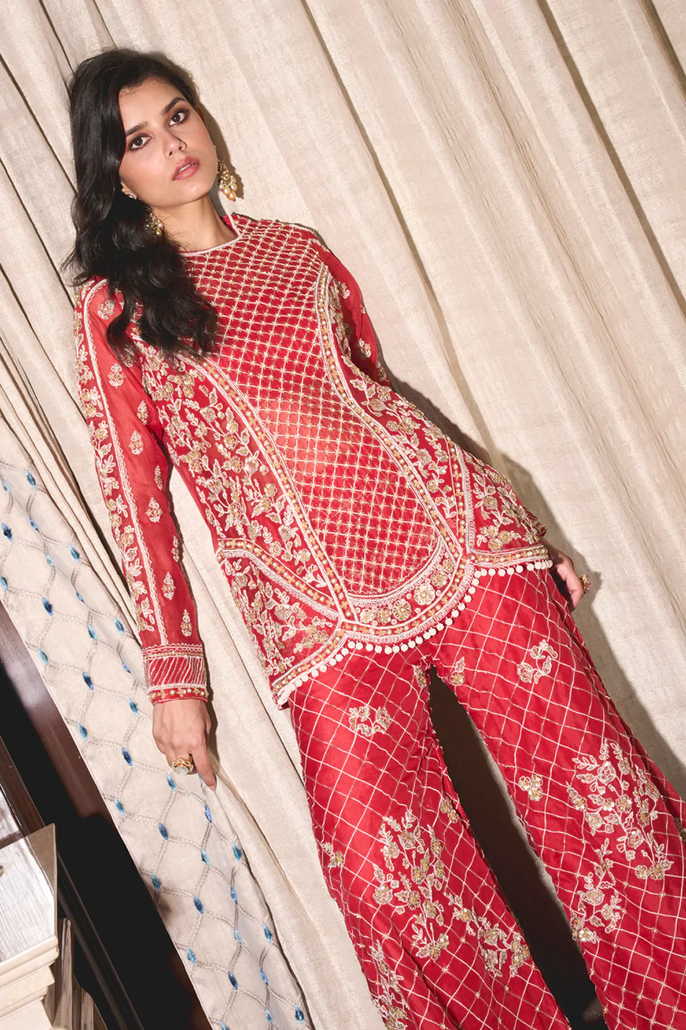 Red Organza Kurta and Pants Set - Image 2