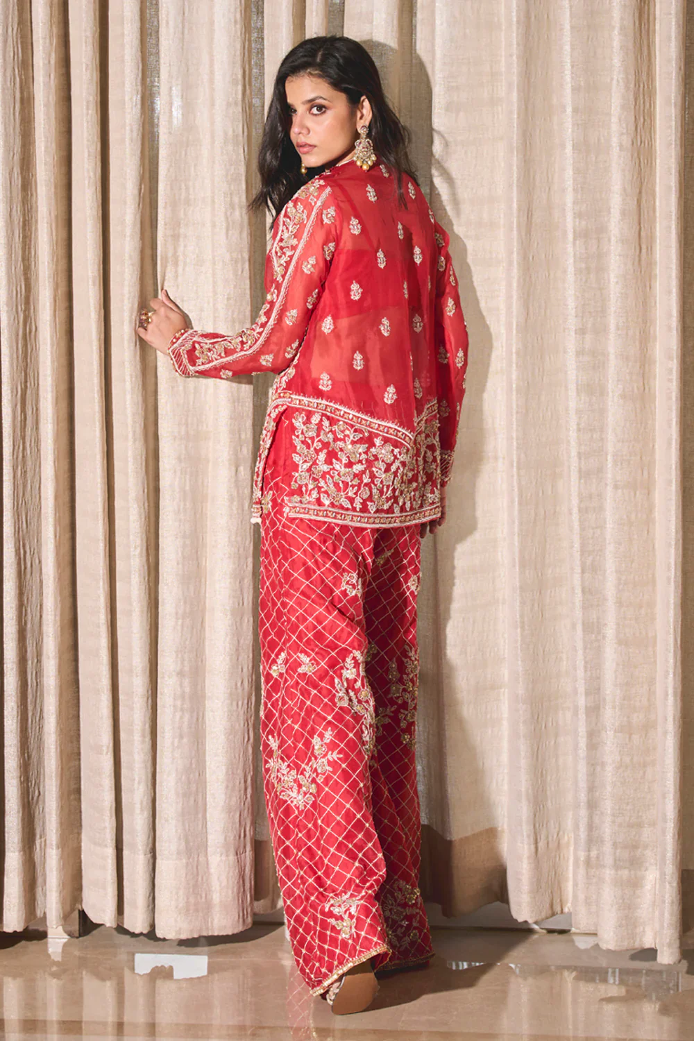 Red Organza Kurta and Pants Set - Image 3