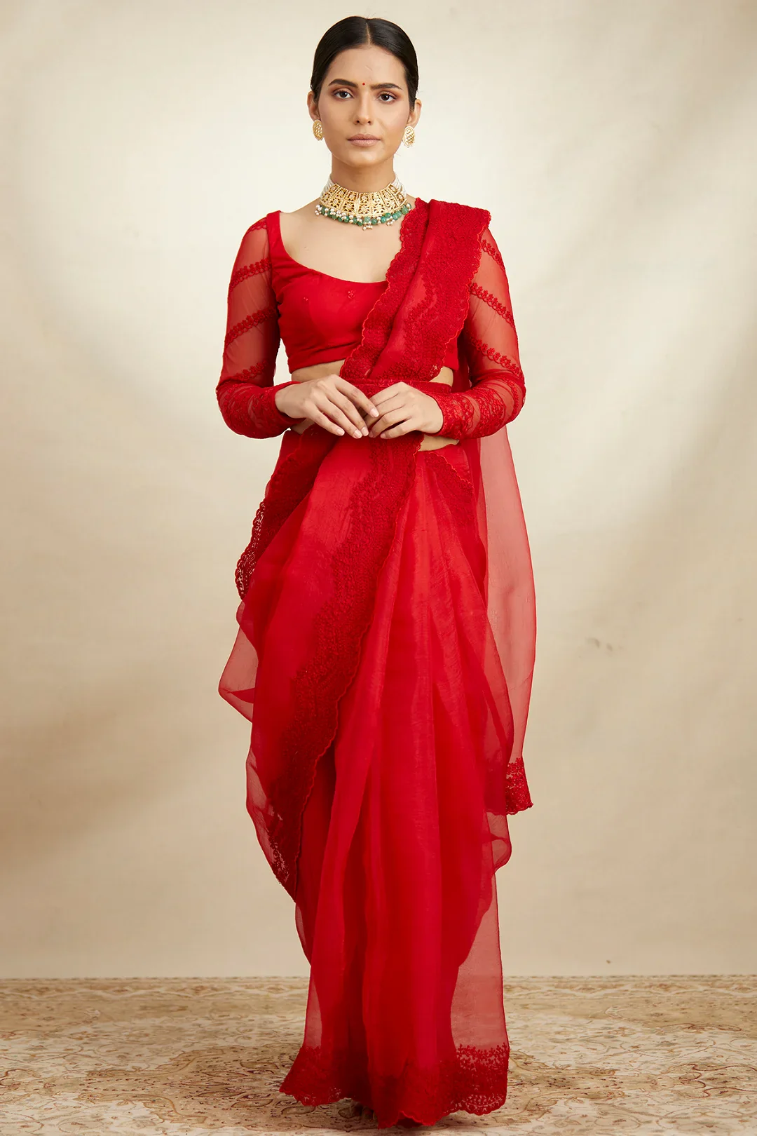 Red Organza Thread Work Saree Set