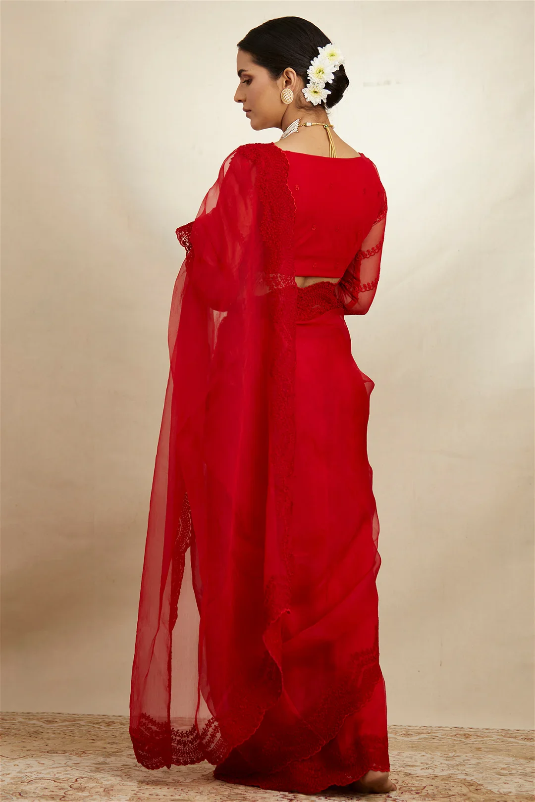 Red Organza Thread Work Saree Set - Image 2