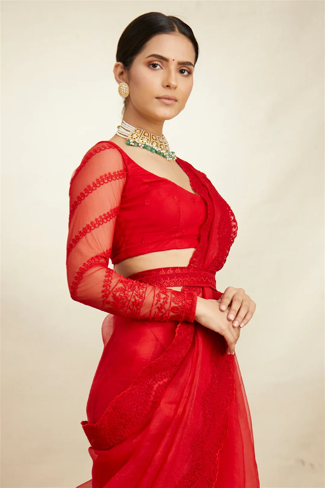 Red Organza Thread Work Saree Set - Image 3