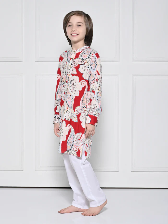 Red Paisley - Red Kurta Set For Boys - Image 3