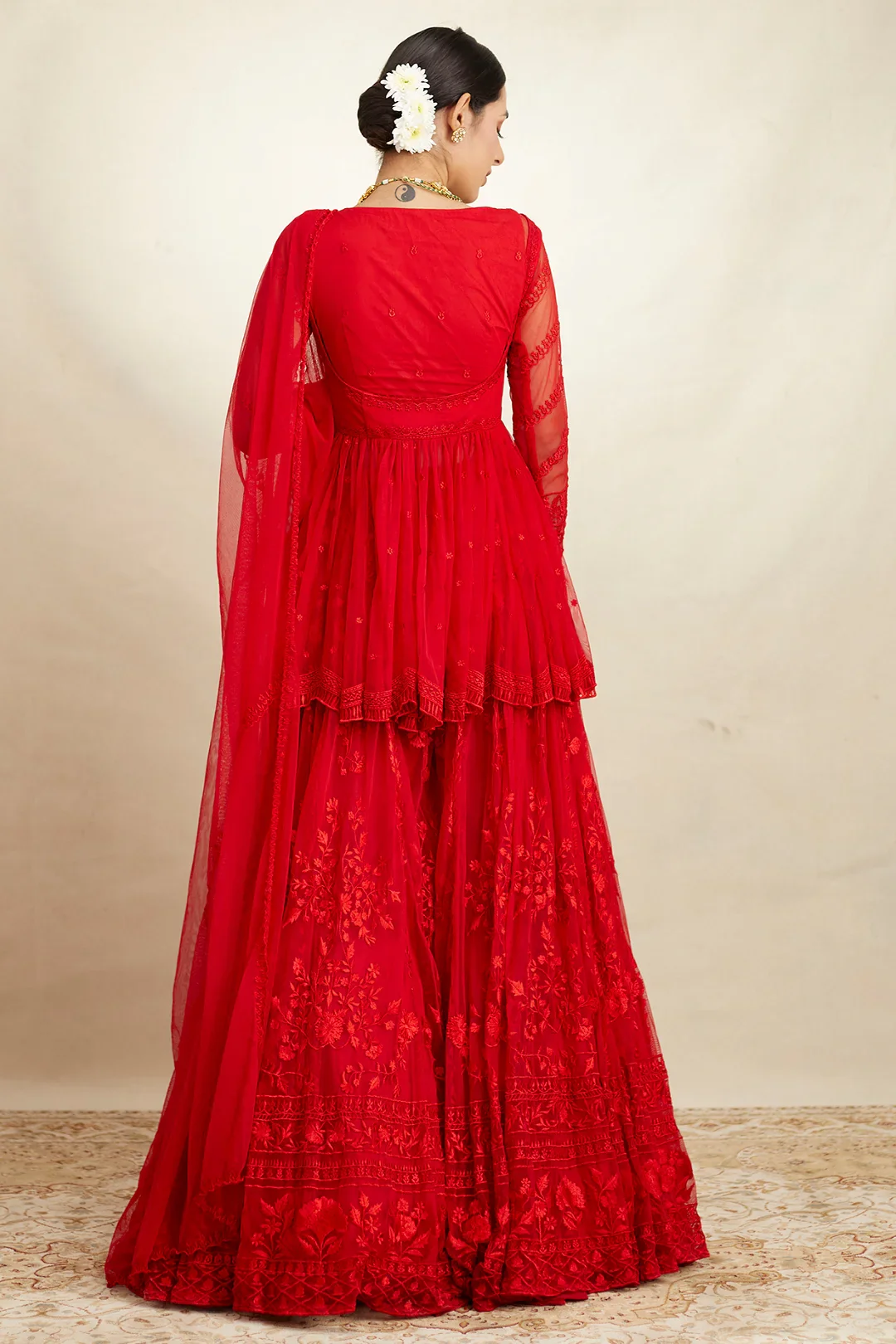 Red Peplum And Sharara Set - Image 2