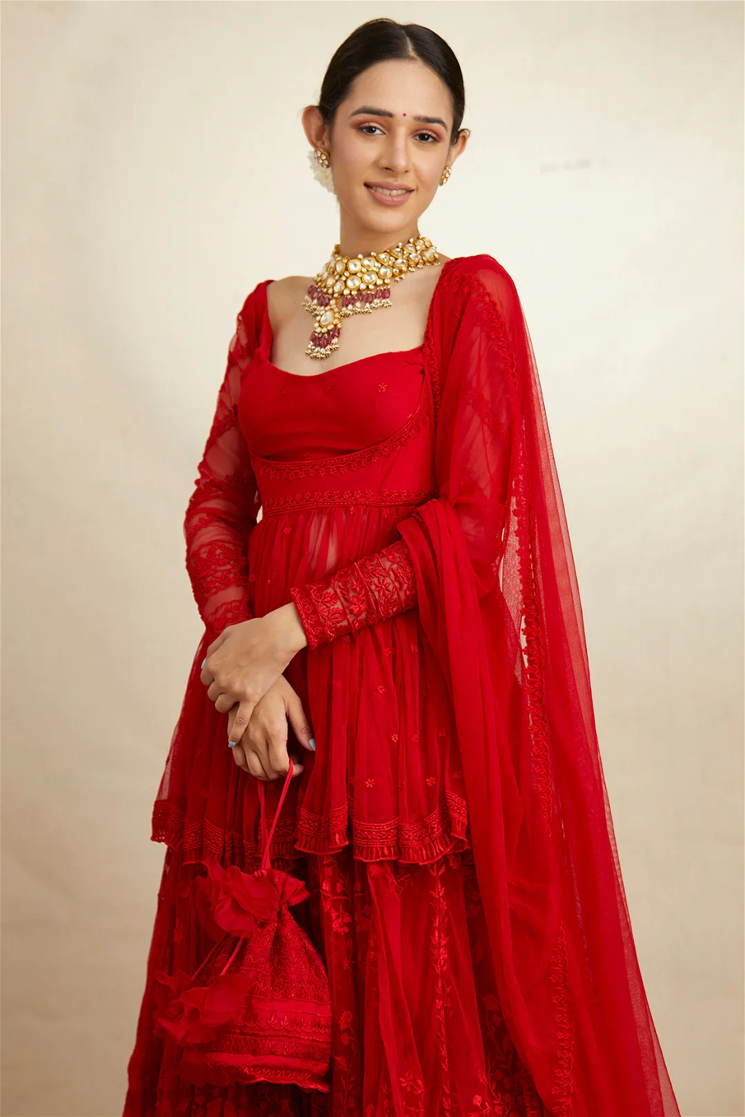 Red Peplum And Sharara Set - Image 4