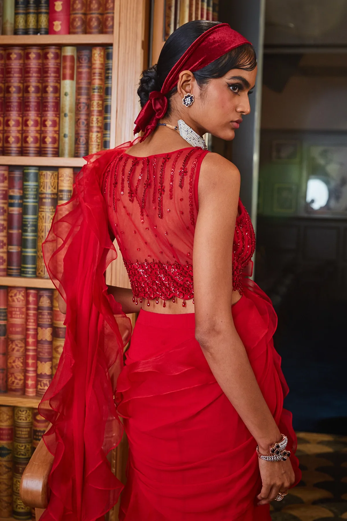 Red Pre Stitched Ruffled Saree With Blouse - Image 2