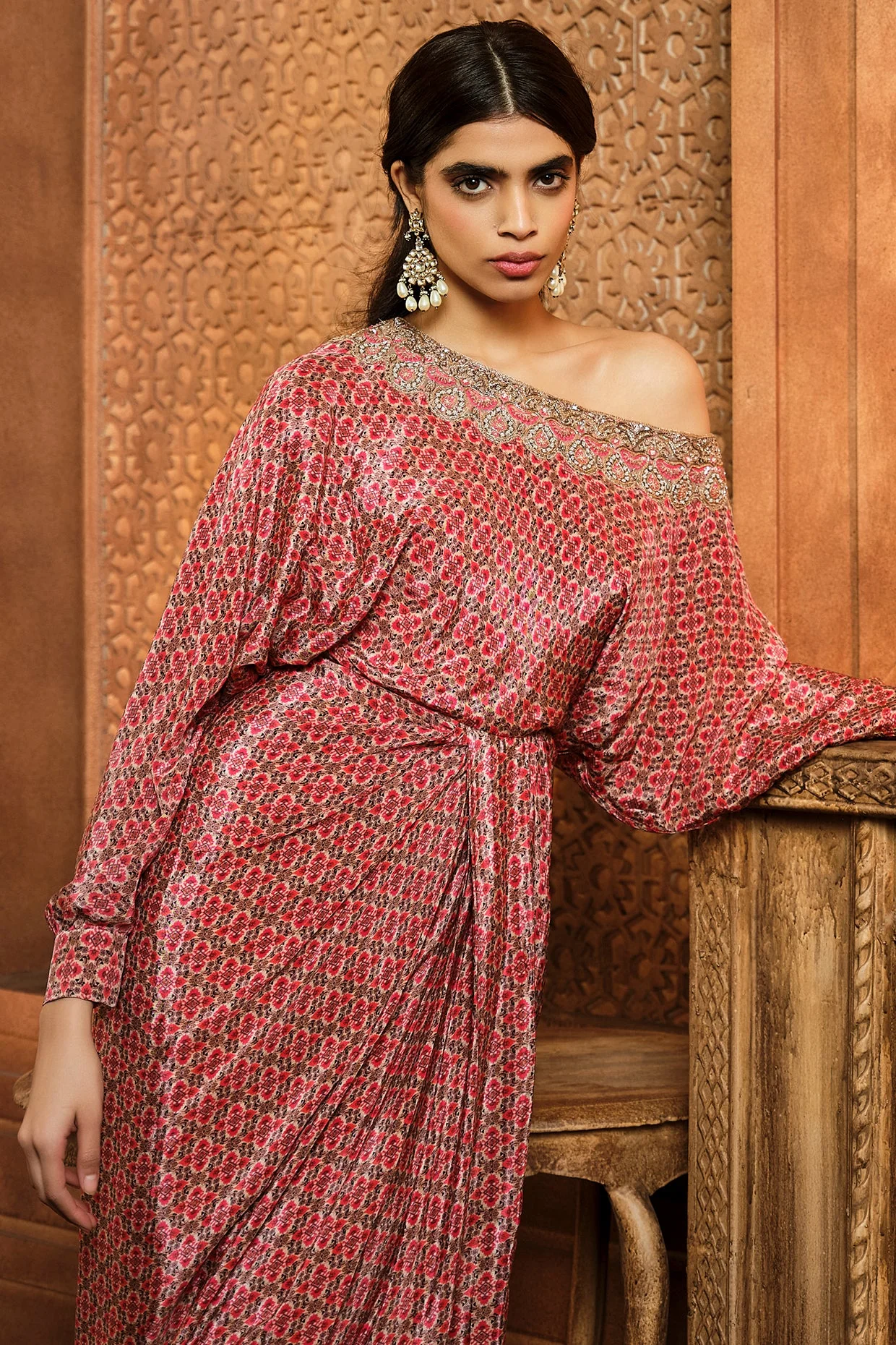 Red Printed Cowl Off Shoulder Dress - Image 2