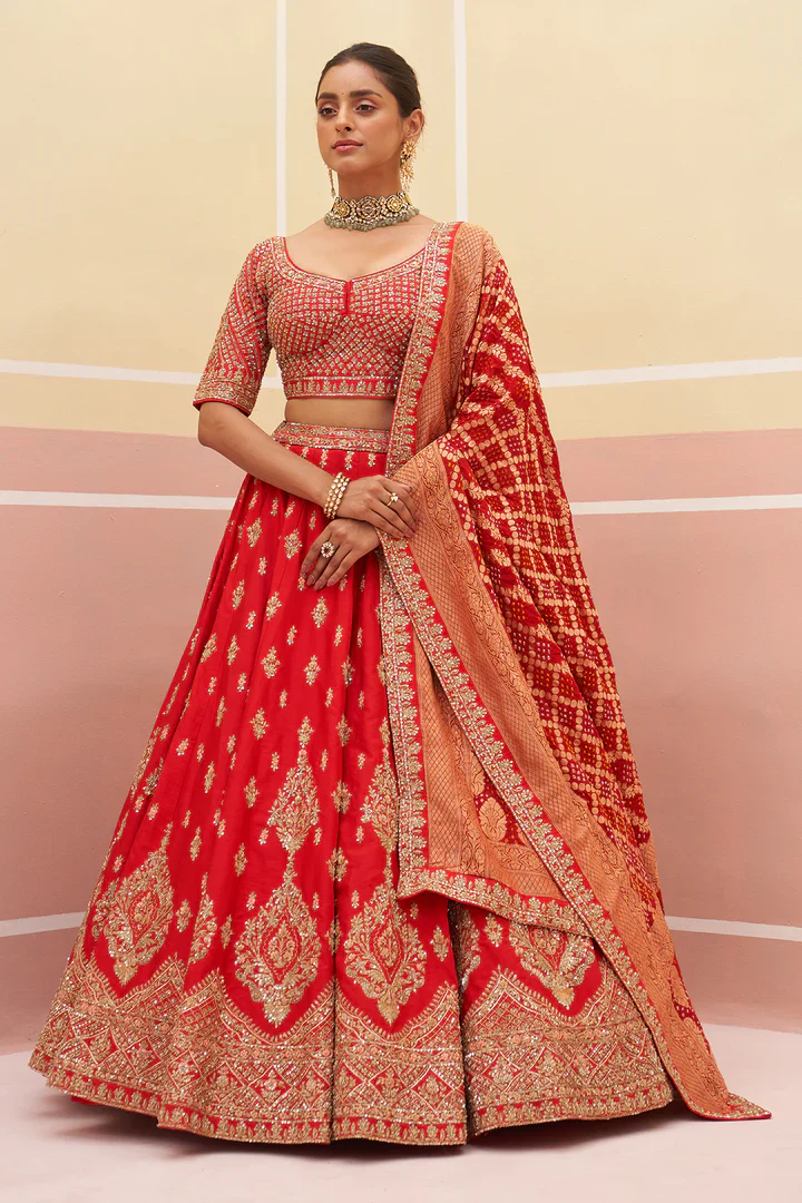 Red Raw Silk Lehnga Set - Image 2