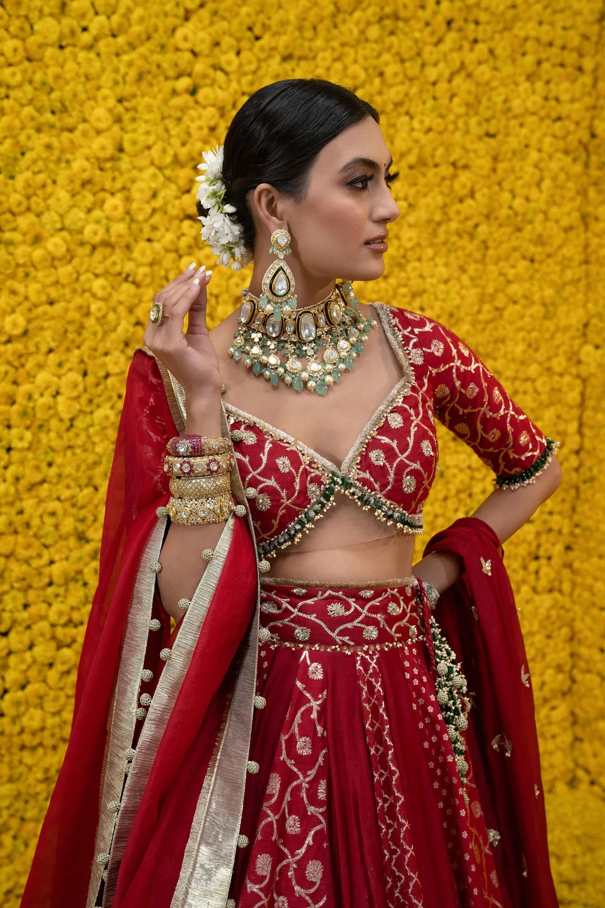 Red Saba Banarasi Chanderi Lehenga Set - Image 3