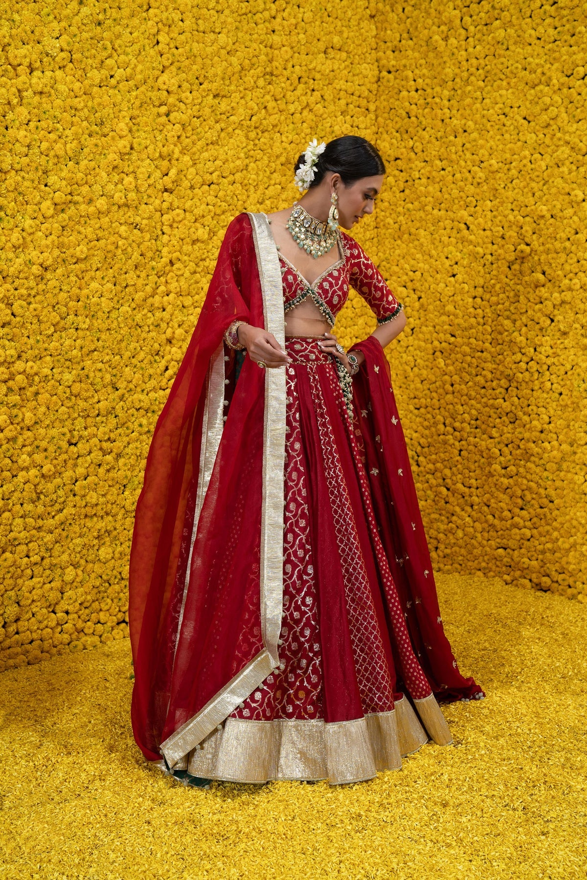 Red Saba Banarasi Chanderi Lehenga Set - Image 4