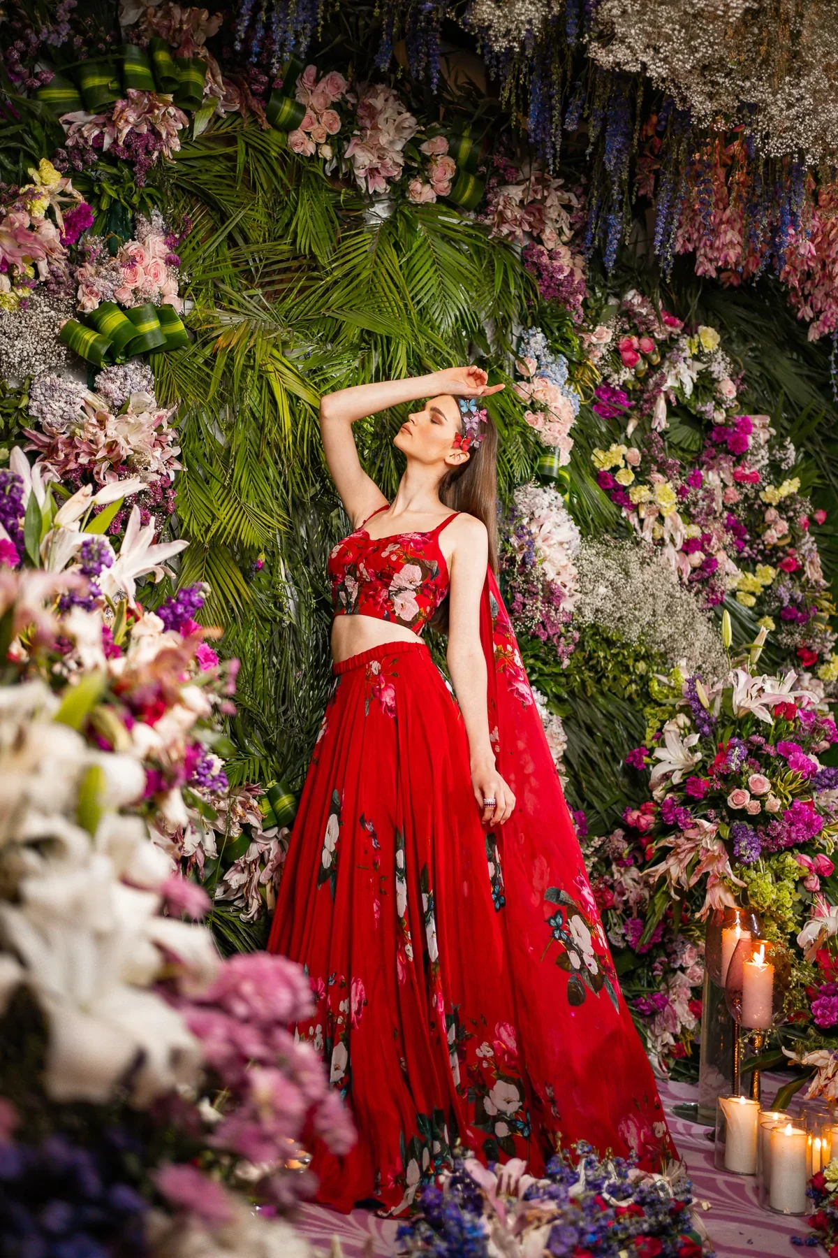 Red Silk Organza Floral Print Lehenga Set - Image 3