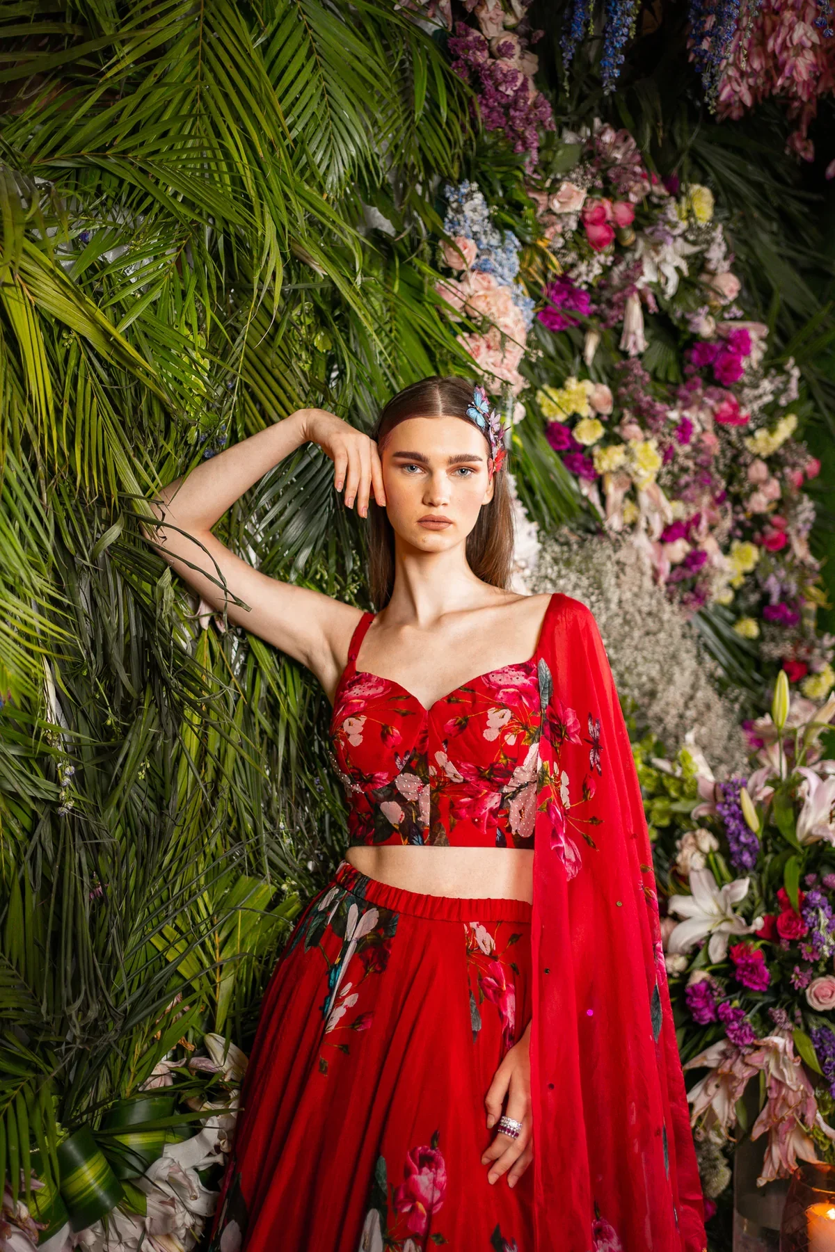 Red Silk Organza Floral Print Lehenga Set - Image 4