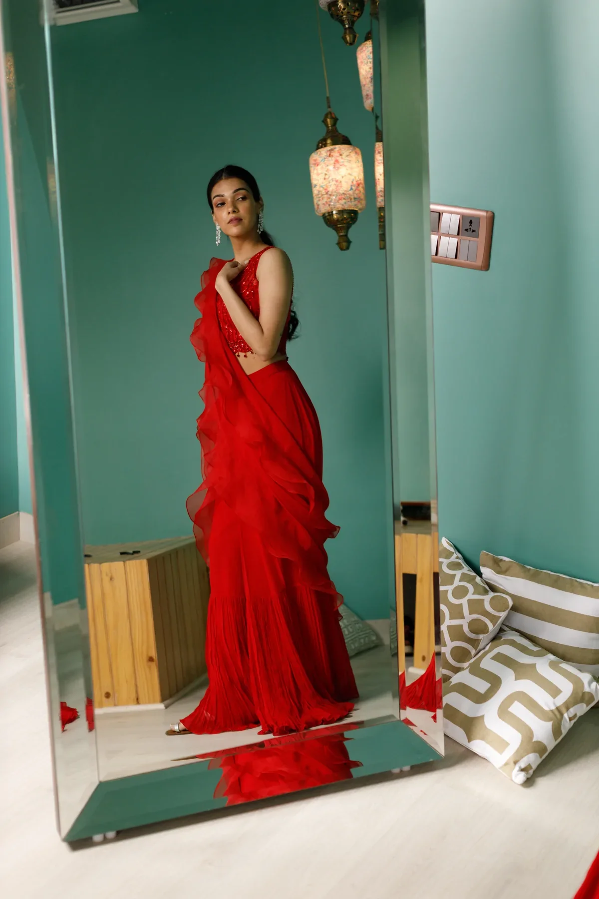 Red Tonal Embroidered Ruffle Saree - Image 3
