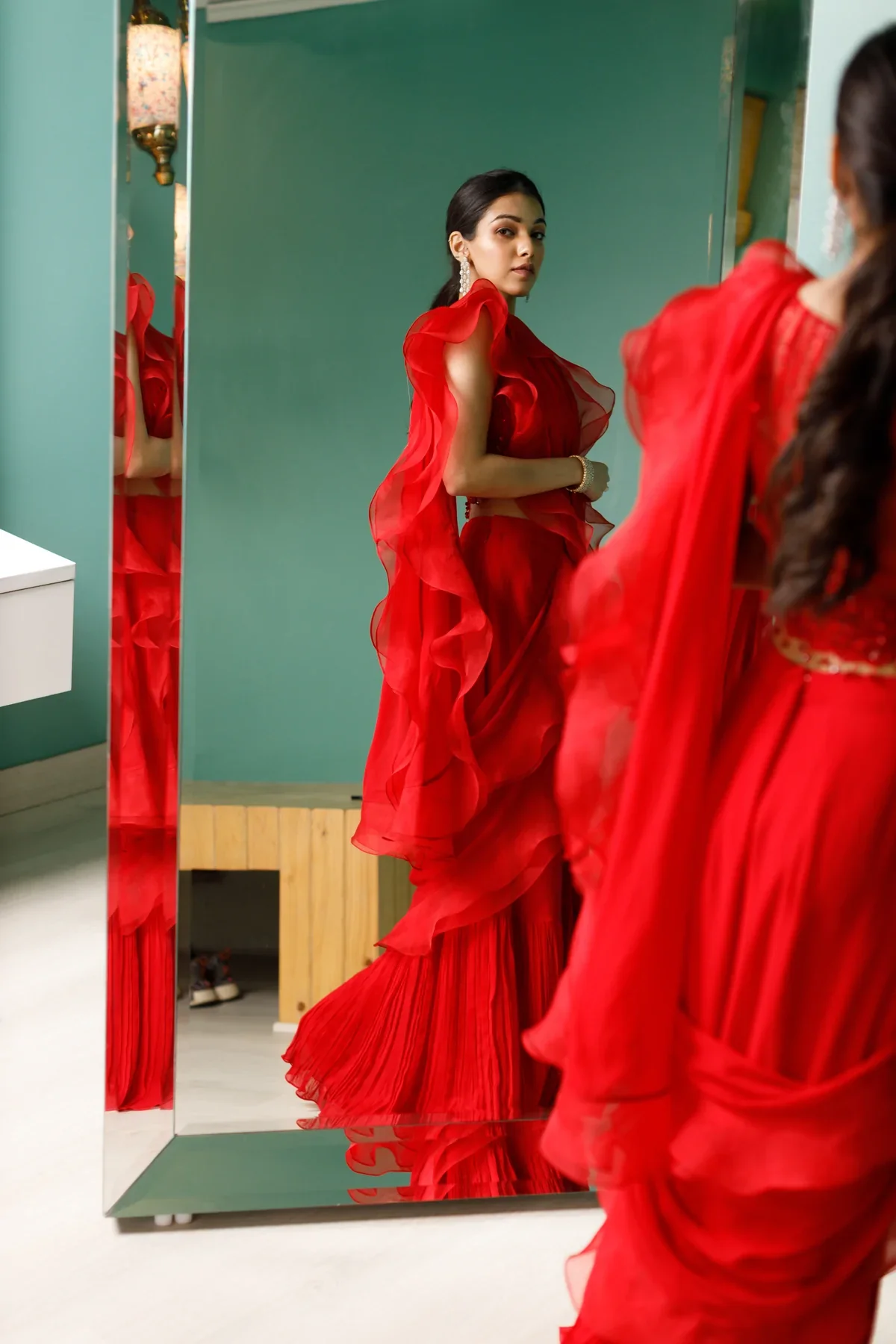 Red Tonal Embroidered Ruffle Saree - Image 4