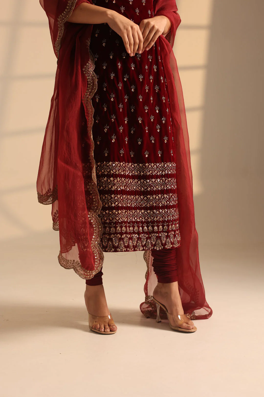 Red Velvet With Heavy Booti Work Long Kurti Set - Image 3