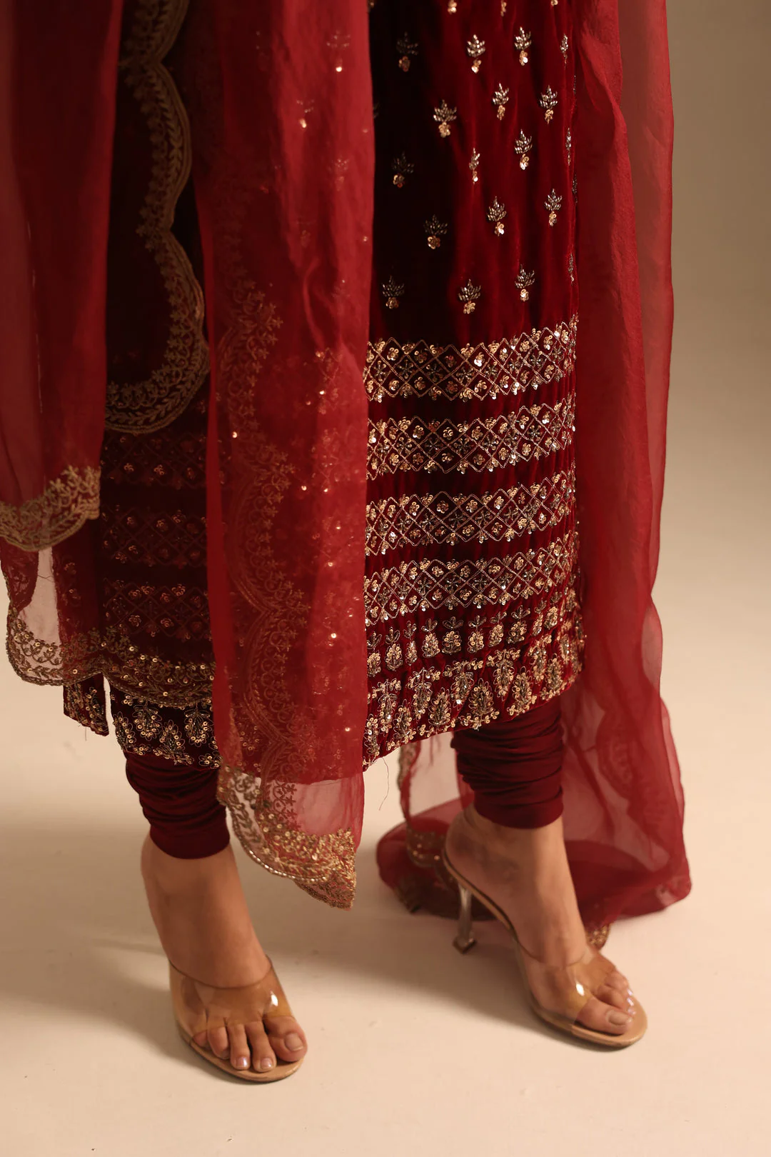 Red Velvet With Heavy Booti Work Long Kurti Set - Image 4